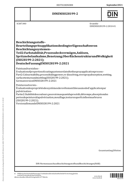 DIN EN ISO 28199-2-2021Paints and varnishes - Evaluation of properties of coating systems related to the spray application process - Part 2: Colour stability, process hiding power, re-dissolving, overspray absorption, wetting, surface texture and mottling