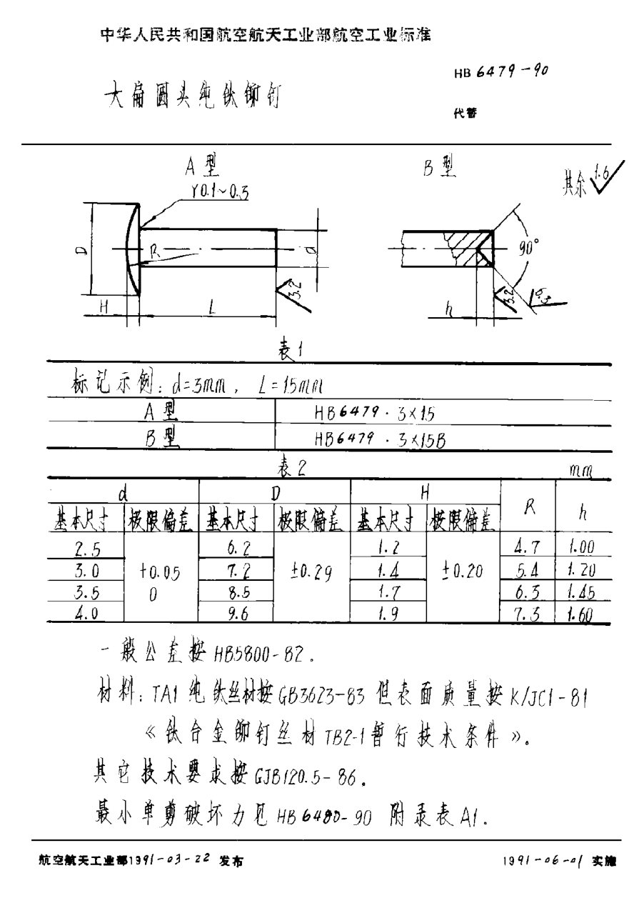 HB 6479-1990大扁圆头纯钛铆钉