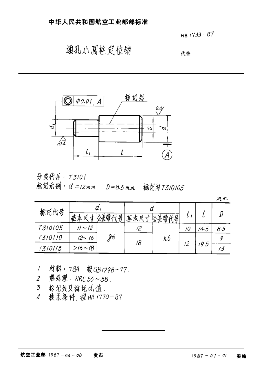 HB 1733-1987通孔小圆柱定位销