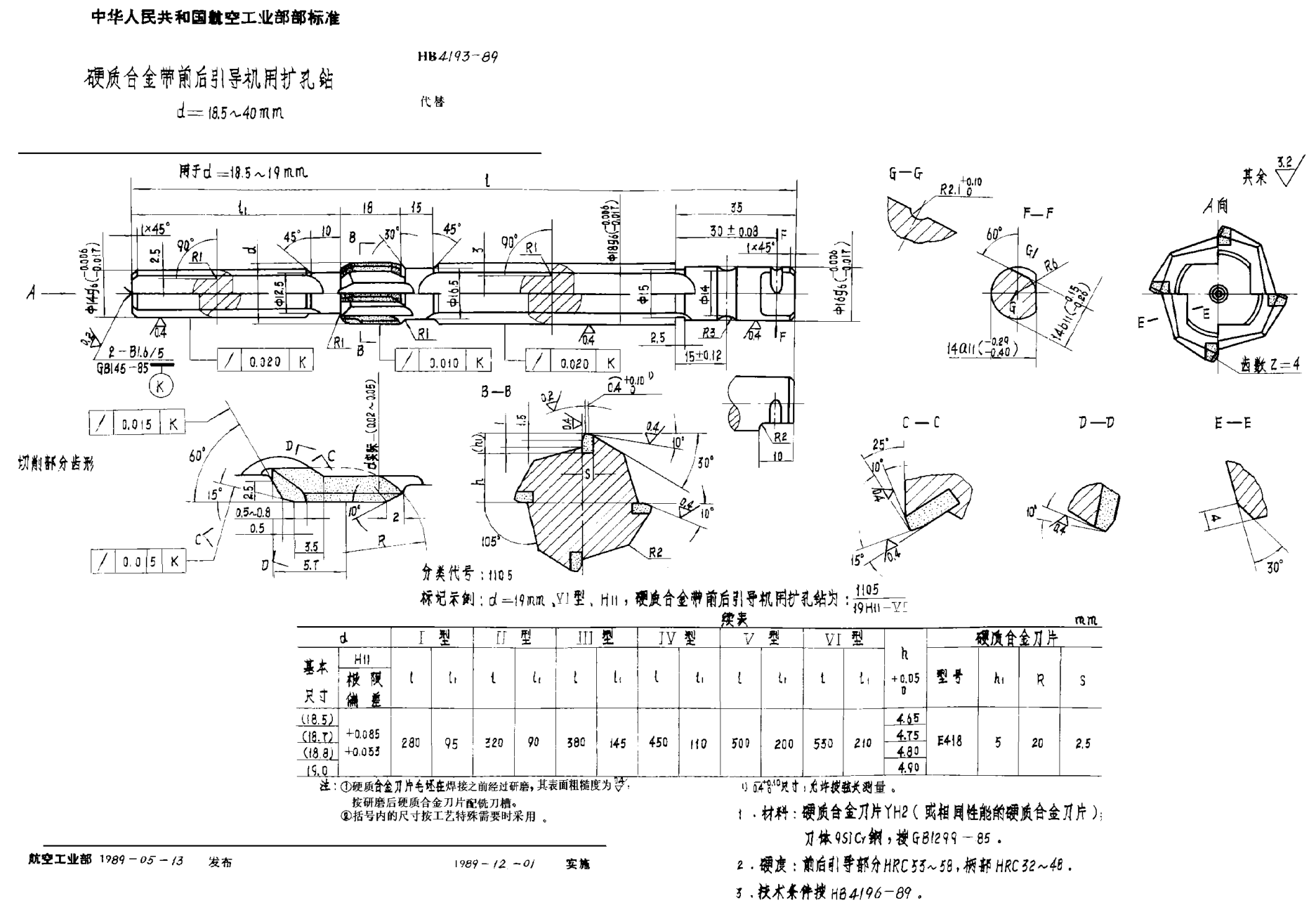 HB 4193-1989硬质合金带前后引导机用扩孔钻 ｄ＝１８．５~４０ｍｍ