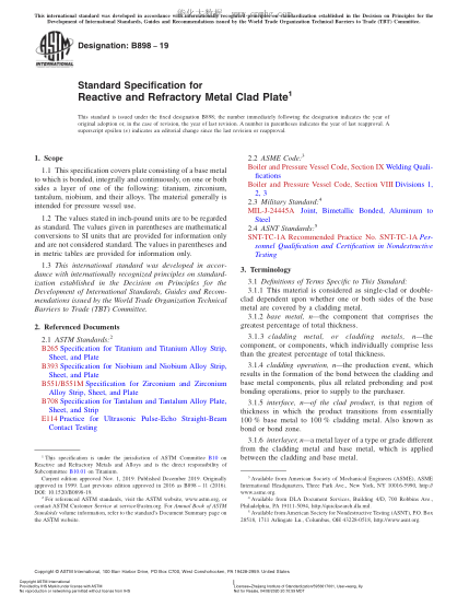 ASTM B898-2019 活性金属复合板和难熔金属复合板规格 Standard Specification for Reactive and Refractory Metal Clad Plate