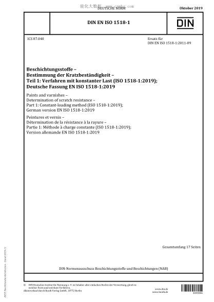 DIN EN ISO 1518-1-2019  Paints and varnishes &ndash; Determination of scratch resistance &ndash; Part 1: Constant-loading method