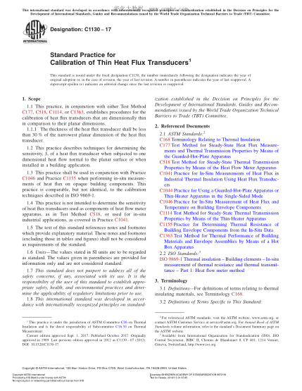 ASTM C1130-2017 薄型热流传感器校准规程 Standard Practice for Calibration of Thin Heat Flux Transducers