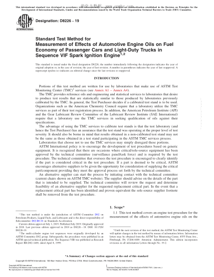 ASTM D8226-2019 客车和轻型卡车顺序VIF火花点火发动机中车用发动机油对于燃油经济性影响测量方法 Standard Test Method for Measurement of Effects of Automotive Engine Oils on Fuel Economy of Passenger Cars and Light-Duty Trucks in Sequence VIF Spark Ignition Engine