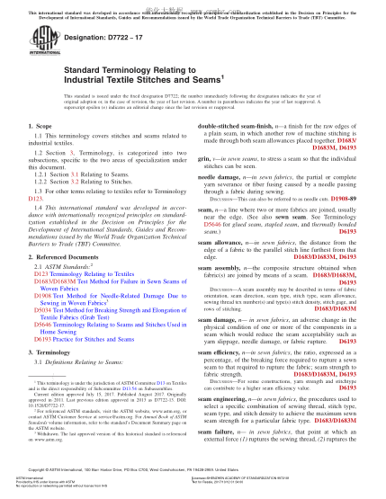 ASTM D7722-2017 有关工业纺织缝线和接缝的术语 Standard Terminology Relating to Industrial Textile Stitches and Seams