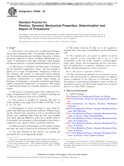 ASTM D4065-2020Standard Practice for Plastics: Dynamic Mechanical Properties: Determination and Report of Procedures