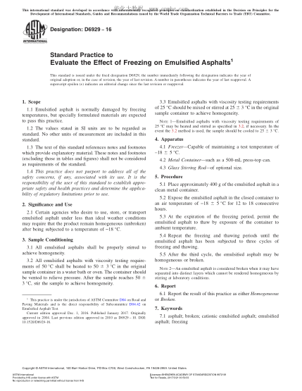 ASTM D6929-2016 乳化沥青冷冻规程 Standard Practice to Evaluate the Effect of Freezing on Emulsified Asphalts