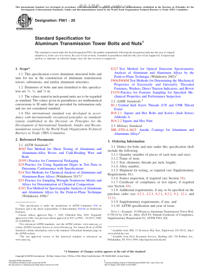 ASTM F901-2020  Standard Specification for Aluminum Transmission Tower Bolts and Nuts