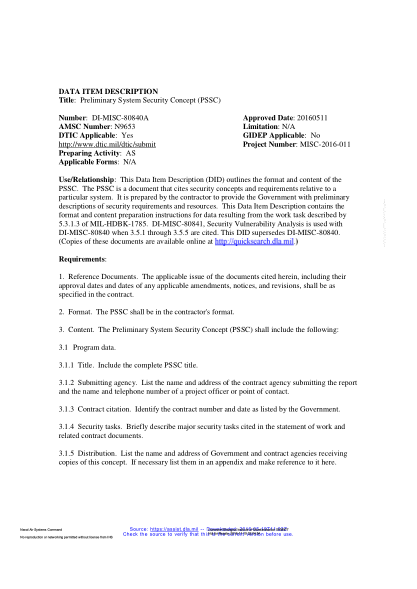 NAVY DI-MISC-80840A-2016  Preliminary System Security Concept (Pssc)