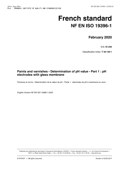 NF EN ISO 19396-1-2020  Paints and varnishes - Determination of pH value - Part 1 : pH electrodes with glass membrane