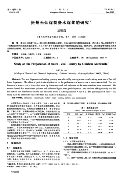 贵州无烟煤制备水煤浆的研究