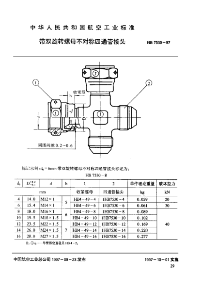 HB 7530-1997带双旋转螺母不对称四通管接头