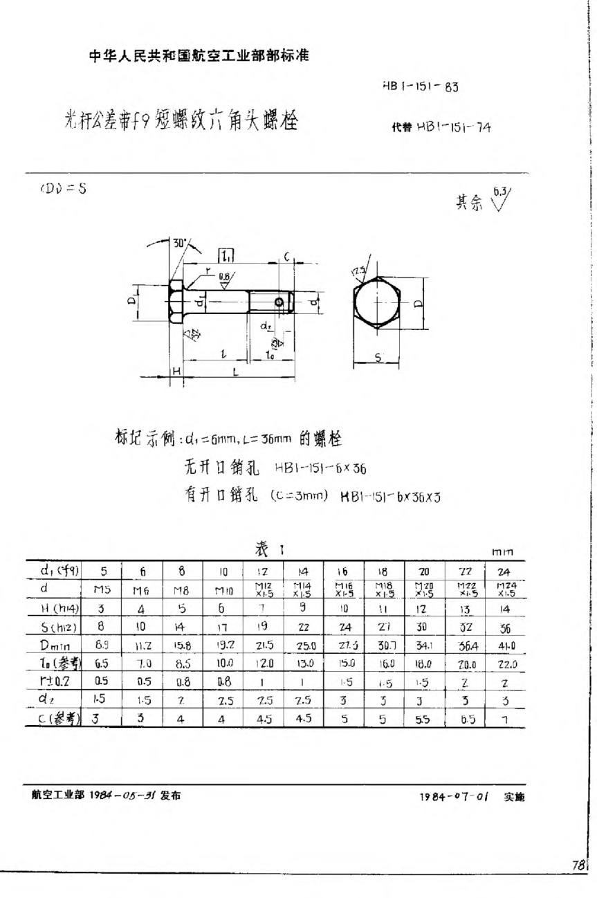 HB 1-151-1983光杆公差带f9短螺纹六角头螺栓
