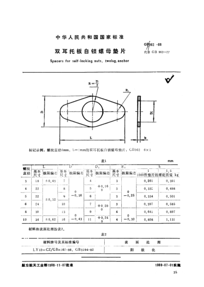 GB/T 962-1988双耳托板自锁螺母垫片Spacers for self-locking nuts,twolug
