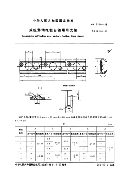 GB/T 1340-1988成组游动托板自锁螺母支架Supports for self-locking nuts,floating,Gang channel