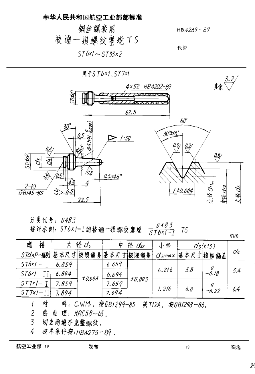 HB 4269-1989钢丝螺套用校通－损螺纹塞规ＴＳ ＳＴ６×１~ＳＴ３３×２
