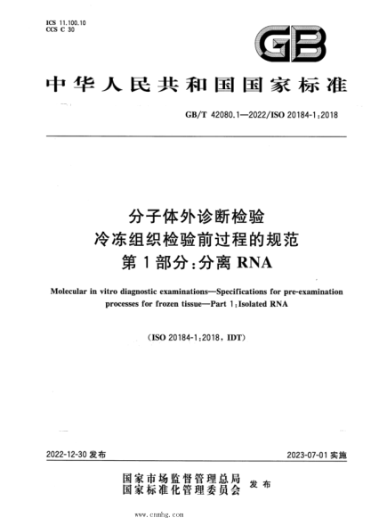 GB/T 42080.1-2022 分子体外诊断检验 冷冻组织检验前过程的规范 第1部分：分离RNA