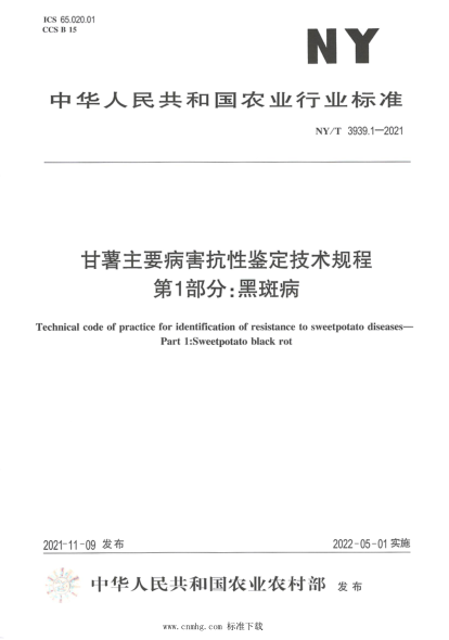  NY/T 3939.1-2021 甘薯主要病害抗性鉴定技术规程 第1部分：黑斑病