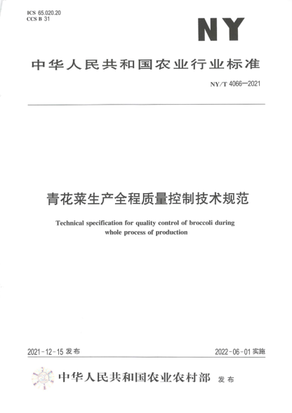  NY/T 4066-2021 青花菜生产全程质量控制技术规范