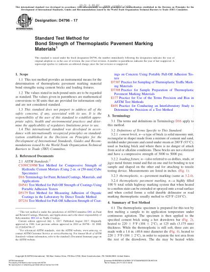 ASTM D4796-2017 热塑性交通标志材料粘合强度的试验方法 Standard Test Method for Bond Strength of Thermoplastic Pavement Marking Materials