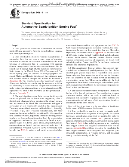 ASTM D4814-2018 汽车火花点火发动机燃料规格 Standard Specification for Automotive Spark-Ignition Engine Fuel
