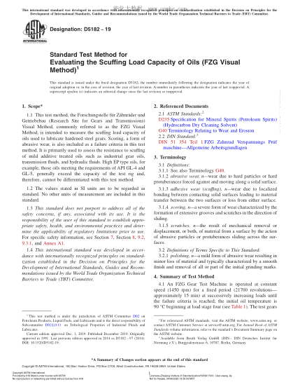 ASTM D5182-2019 评价油胶合承载能力的试验方法（FZG目测法） Standard Test Method for Evaluating the Scuffing Load Capacity of Oils (FZG Visual Method)