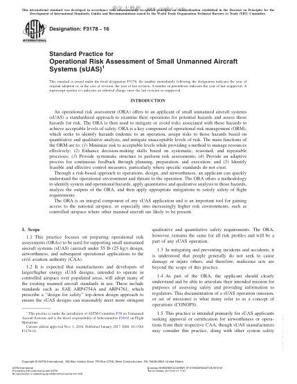 ASTM F3178-2016 用小型无人飞机实施运行风险评估的规程 Standard Practice for Operational Risk Assessment of Small Unmanned Aircraft Systems  (sUAS)