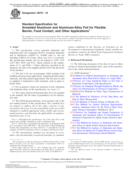 ASTM B479-2019 与食品接触及其他用途的柔性阻隔材料用退火铝及铝合金箔规格 Standard Specification for Annealed Aluminum and Aluminum-Alloy Foil for Flexible Barrier, Food Contact, and Other Applications