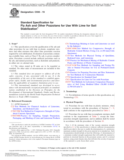 ASTM C593-2019土壤稳定用与石灰一起使用的飞灰和其它火山灰规格Standard Specification for Fly Ash and Other Pozzolans for Use With Lime for Soil Stabilization