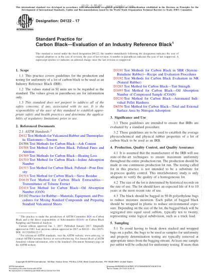 ASTM D4122-2017 炭黑-工业参比炭黑评价规程 Standard Practice for Carbon Black—Evaluation of an Industry Reference Black