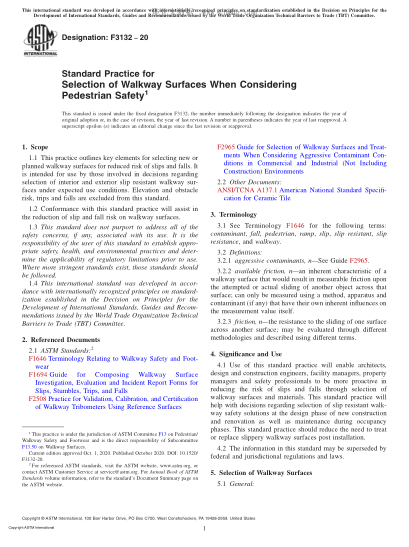 ASTM F3132-2020  Standard Practice for Selection of Walkway Surfaces When Considering Pedestrian Safety