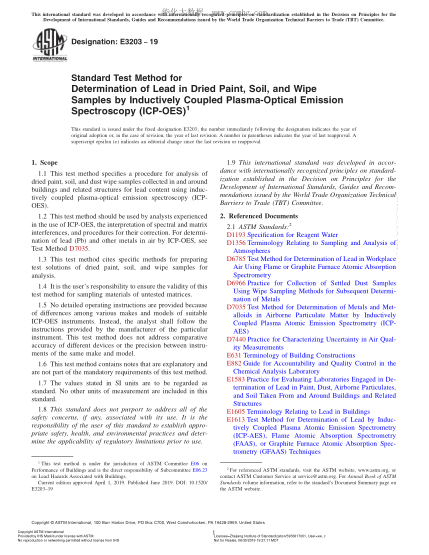 ASTM E3203-2019 用电感耦合等离子体发射光谱法测定干漆、土壤和擦拭试样中铅含量的方法 Standard Test Method for Determination of Lead in Dried Paint, Soil, and Wipe Samples by Inductively Coupled Plasma-Optical Emission Spectroscopy (ICP-OES)