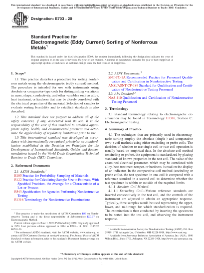 ASTM E703-2020  Standard Practice for Electromagnetic (Eddy Current) Sorting of Nonferrous Metals