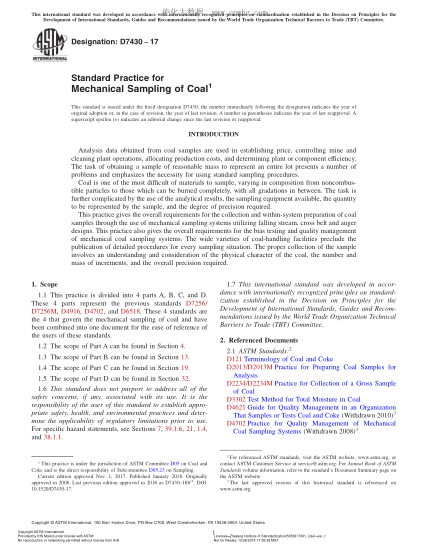 ASTM D7430-2017 煤机械取样规程 Standard Practice for Mechanical Sampling of Coal