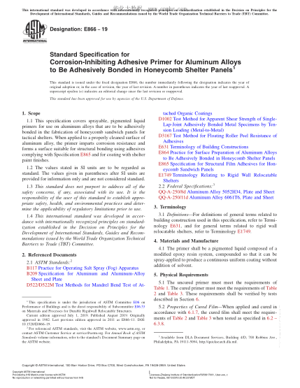ASTM E866-2019 粘结到蜂窝状保护板上的铝合金用防蚀粘合剂底漆规格 Standard Specification for Corrosion-Inhibiting Adhesive Primer for Aluminum Alloys to Be Adhesively Bonded in Honeycomb Shelter Panels