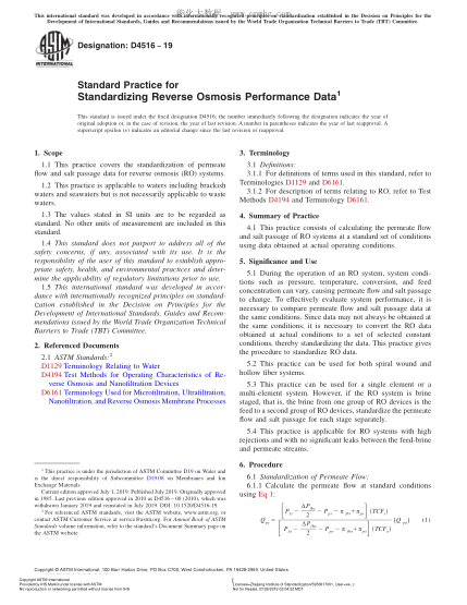 ASTM D4516-2019 反渗透性能数据raybet雷电竞电竞app下载地址化规程 Standard Practice for Standardizing Reverse Osmosis Performance Data