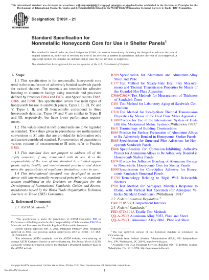 ASTM E1091-2021  Standard Specification for Nonmetallic Honeycomb Core for Use in Shelter Panels