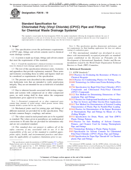 ASTM F2618-2019 化学废水排放系统用氯化聚氯乙烯管和管件的规格 Standard Specification for Chlorinated Poly (Vinyl Chloride) (CPVC) Pipe and Fittings for Chemical Waste Drainage Systems