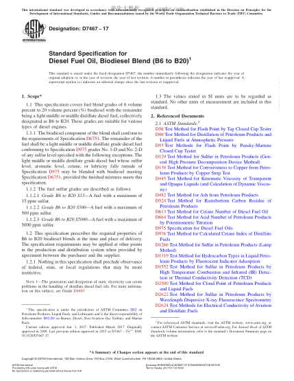 ASTM D7467-2017 柴油、生物柴油混合燃料（B6-B20）规格 Standard Specification for Diesel Fuel Oil,Biodiesel Blend (B6 to B20)