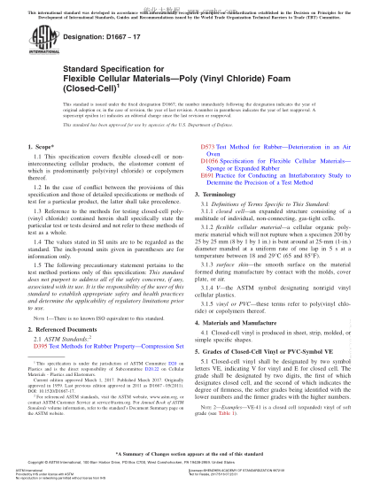 ASTM D1667-2017 软质多孔材料-氯乙烯聚合物和共聚物(闭孔泡沫)规格 Standard Specification for Flexible Cellular Materials—Poly (Vinyl Chloride) Foam (Closed-Cell)