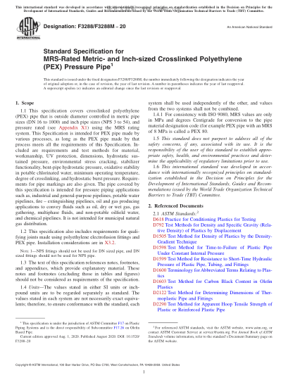 ASTM F3288/F3288M-2020  Standard Specification for MRS-Rated Metric- and Inch-sized Crosslinked Polyethylene (PEX) Pressure Pipe