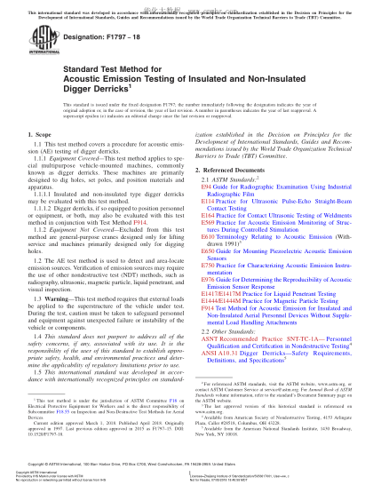 ASTM F1797-2018 绝缘和非绝缘挖掘机吊杆声发射测试方法 Standard Test Method for Acoustic Emission Testing of Insulated and Non-Insulated Digger Derricks