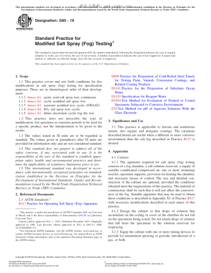 ASTM G85-2019 改性盐雾(雾)测试规程 Standard Practice for Modified Salt Spray (Fog) Testing