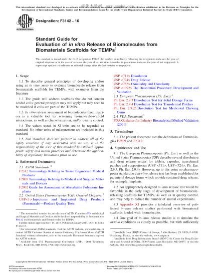 ASTM F3142-2016 来自生物材料支架的生物分子体外释放评定指南 Standard Guide for Evaluation of in vitro Release of  Biomolecules from Biomaterials Scaffolds for TEMPs