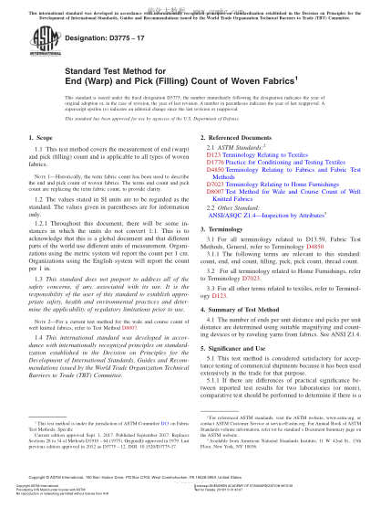 ASTM D3775-2017 机织物经纱密度和经纬密度试验方法 Standard Test Method for End (Warp) and Pick (Filling) Count of Woven Fabrics