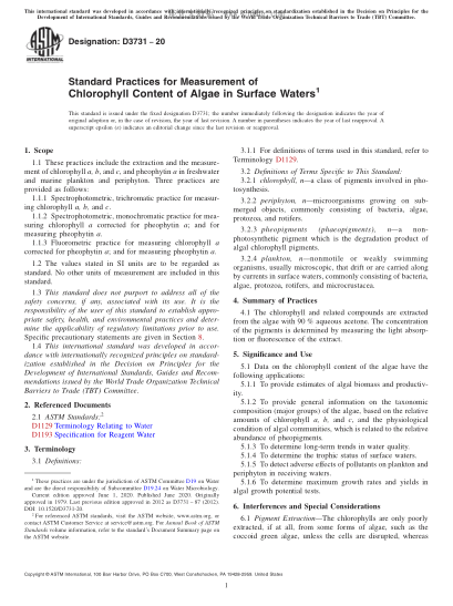 ASTM D3731-2020  Standard Practices for Measurement of Chlorophyll Content of Algae in Surface Waters
