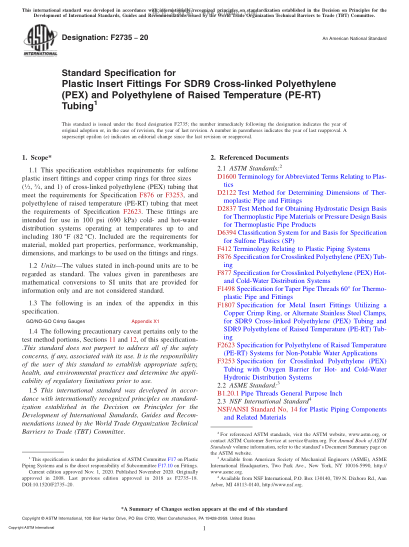 ASTM F2735-2020  Standard Specification for Plastic Insert Fittings For SDR9 Cross-linked Polyethylene (PEX) and Polyethylene of Raised Temperature (PE-RT) Tubing