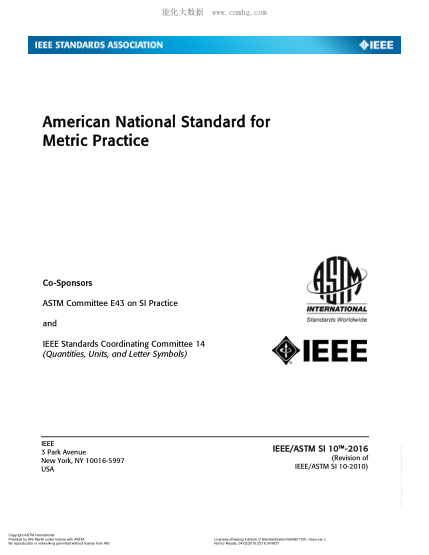 ASTM SI10-2016 IEEE/ASTM SI 10 采用国际单位制（SI）的美国国家raybet雷电竞电竞app下载地址 American National Standard for Use of the International System of Units (SI):The Modern Metric System (Revision IEEE/ASTM SI 10-2010)