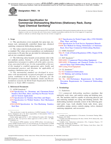 ASTM F953-2019 工业洗碟机（固定架，翻转型）化学消毒规范 Standard Specification for Commercial Dishwashing Machines (Stationary Rack, Dump Type) Chemical Sanitizing