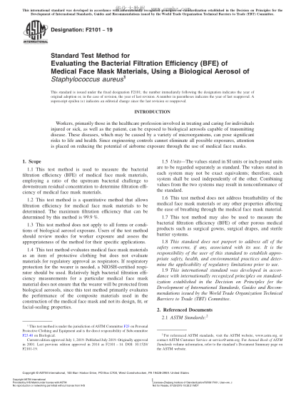 ASTM F2101-2019 用金黄色葡萄球菌生物气溶胶评定医用面罩材料细菌过滤效率的试验方法 Standard Test Method for Evaluating the Bacterial Filtration Efficiency (BFE) of Medical Face Mask Materials, Using a Biological Aerosol of Staphylococcus aureus